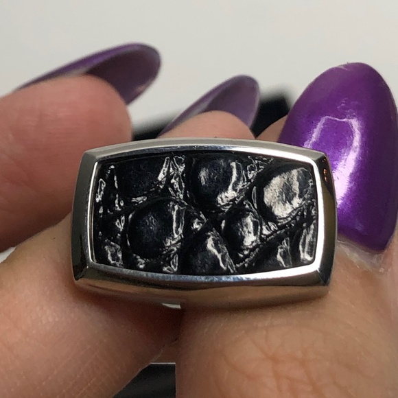 S T Dupont Silver Black Leather Square Cuff Links - Picture 6 of 7